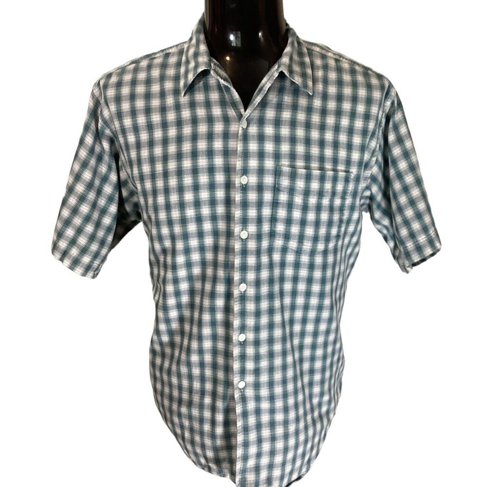 Archive Men’s Sz XL Teal Green Plaid Check S/S Cotton Camp Button Up Shirt